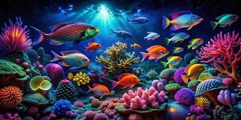 Vibrant Underwater Scene: Colorful Fish Swimming at Night