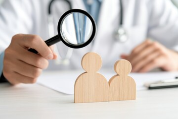 Fototapeta premium Wooden Figures Under Examination by Doctor with Magnifying Glass