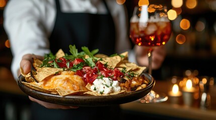 Gourmet Nachos with Refreshing Drink in a Bistro Setting