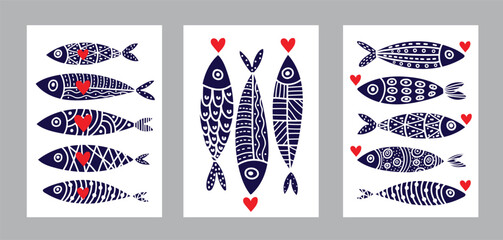 Interior poster with sardines and hearts. Cute set. Vector illustration