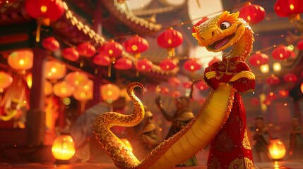 Obraz premium A charming 3D yellow snake in a lively cartoon design, wearing a red silk robe with golden accents, dancing gracefully under a canopy of glowing red lanterns with a vibrant backdrop of a temple