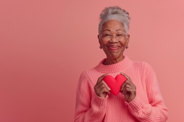 Senior Woman in Love Holding Heart with Affectionate Expression for Valentine's Day in Romantic Red Studio Background