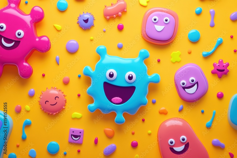 Poster colorful smiling cartoon microbes on a vibrant yellow background creating a cheerful atmosphere for 