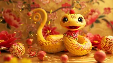 A festive 3D yellow snake rendered in a cute cartoon style, wearing a red and gold traditional costume, twisting playfully among firecrackers and festive floral patterns on a rich golden background