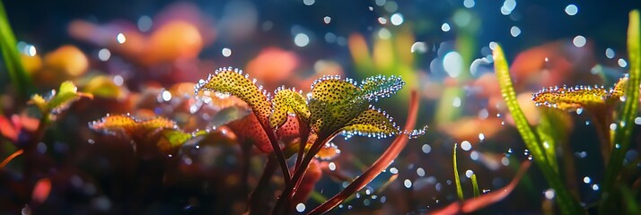 Sticky Sundew leaves sparkling with adhesive droplets in a vibrant swamp habitat