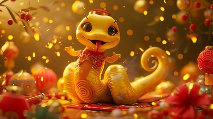 A festive 3D yellow snake rendered in a cute cartoon style, wearing a red and gold traditional costume, twisting playfully among firecrackers and festive floral patterns on a rich golden background