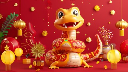 A vibrant 3D illustration of a cheerful yellow snake with a rounded cartoon style, wearing traditional Chinese dance attire featuring intricate red and gold patterns, surrounded by festive lanterns