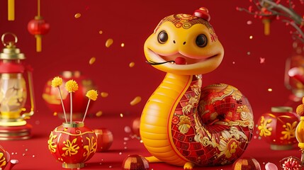 A vibrant 3D illustration of a cheerful yellow snake with a rounded cartoon style, wearing traditional Chinese dance attire featuring intricate red and gold patterns, surrounded by festive lanterns