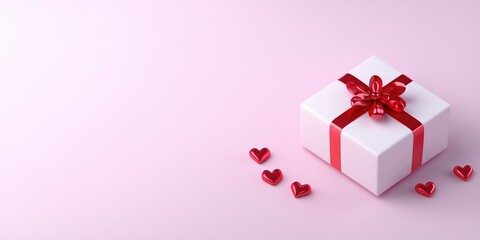Charming gift box with red ribbon and heart decorations against a soft pink background, perfect for celebrations.