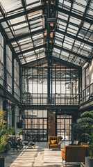 Modern Industrial Space with Glass Roof and Cozy Furnishings