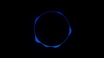 Blue glowing sound waves on black. Circle sound waveform visualization. Radial audio waves, music equalizer, and playback. Voice and speed recording and recognition, audio spectrum.