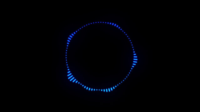 Blue glowing sound waves on black. Circle sound waveform visualization. Radial audio waves, music equalizer, and playback. Voice and speed recording and recognition, audio spectrum.