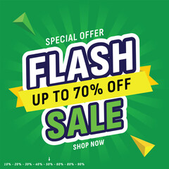 Naklejka premium Flash Sale Shopping Poster or banner with Flash icon and 3D text on green background. Flash Sales 70% Off template design for social media and website. Special Offer Grand Sale campaign or promotion