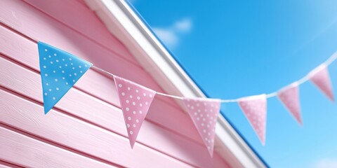 Colorful decorative bunting in pink and blue against a clear blue sky, creating a cheerful and festive atmosphere.