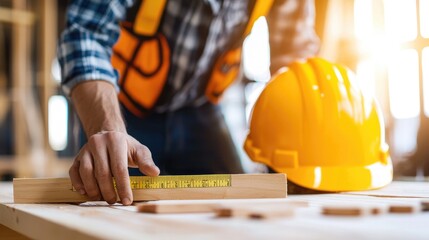 Construction Worker Measuring Wooden Plank in Workshop
