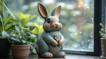 Playful Wooden Rabbit Figurine in Winter Setting. Generative AI