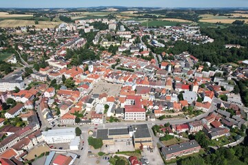 Obraz premium Pelhrimov town Aerial panoram showcasing its historical center and square, surrounded by scenic Czech countryside,Vysocina region 