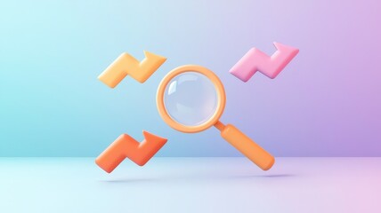 magnifying word in business concept. Magnifying glass with colorful shapes backdrop