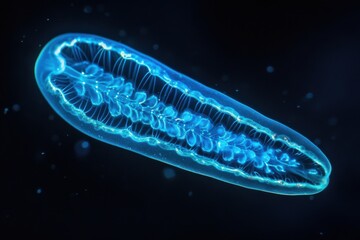 Glowing comb jelly in ocean with detailed cilia