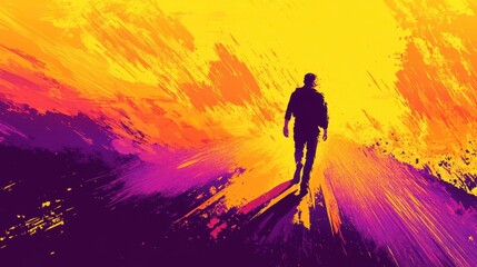 Obraz premium Silhouette Man Walking Towards Vibrant Sunset Path