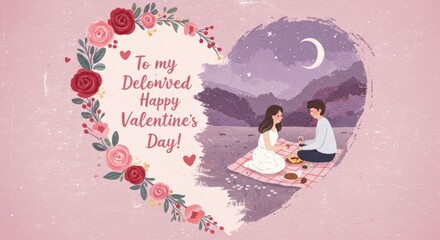 Heartfelt Valentine's Day Greeting: A romantic illustration featuring a couple sharing a picnic under a starry night sky.
