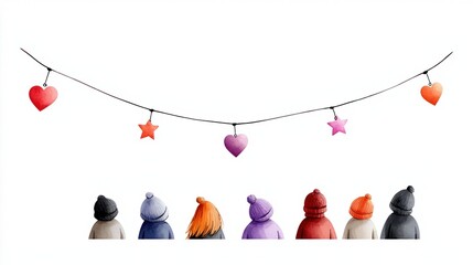 Colorful string lights featuring hearts and stars brighten up a cozy winter scene with wool hats below.