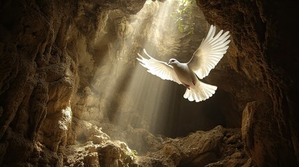 "Resurrection of Jesus Christ: White Dove Emerging from Stone Tomb Amidst Light Rays"