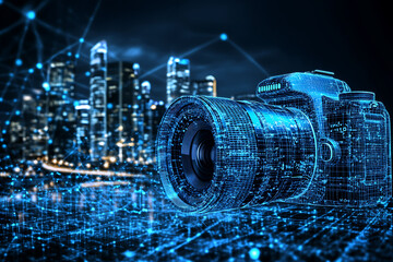 Glowing frame of a camera illustration with no logos or branding, on a transparent background, highlighted by a combination of blue and black data points, symbolizing digital photography technology.