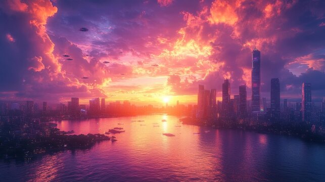 Cyberpunk Sunset Cityscape with Flying Cars. Generative AI