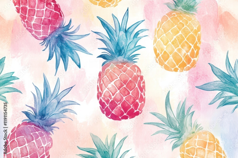 Poster watercolor pineapple pattern featuring colorful fruits against a soft pastel background with varying