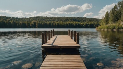 Fototapeta premium Serene Lake Dock Against a Backdrop of Lush Green Forest: A Peaceful Escape into Nature's Tranquility for Relaxation