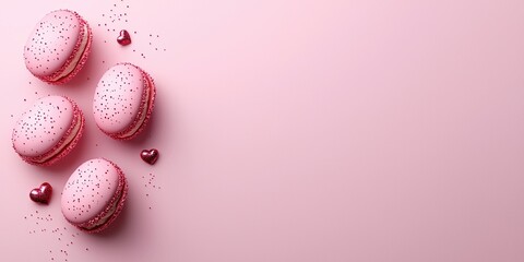 Delicious pink macarons with heart-shaped decorations on a soft pink background for sweet treats or dessert themes.