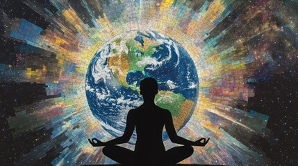 "Female Yoga Figure with a Cosmic Background and Earth as a Disintegrating Jigsaw Puzzle in Explosion"