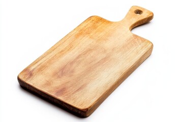 Fototapeta premium Wooden Cutting Board Isolated on a White Background. Rustic wood cutting board with Handle. Banner. Cooking utensils. Empty Space for Text or Design. Mock up Banner. Podium for Montage Installation.