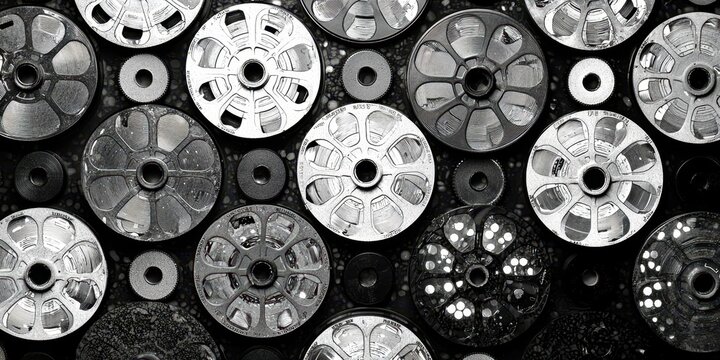 Collection of round objects with a black and white color scheme