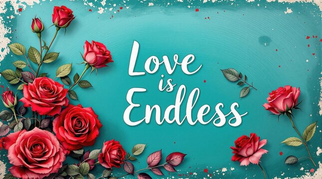 Love Is Endless typography text in an elegant font, surrounded by vivid red roses on a textured teal paint background, soft lighting enhancing the romantic theme