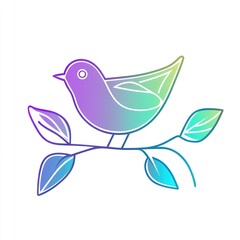 Gradient bird perched on branch, leaves, white background, design element