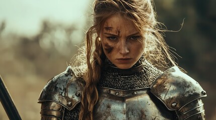 Strong Female Warrior in Medieval Armor with Intense Expression