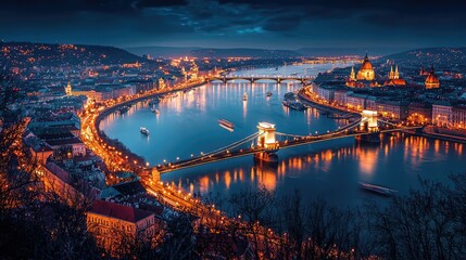 Fototapeta premium Enchanting Nightscape of Budapest with Illuminated Bridges and River