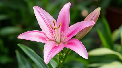 Fototapeta premium A Delicate Pink Lily Flower Blooms Beautifully