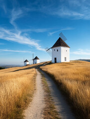 Rolling hills with traditional windmills against a blue sky