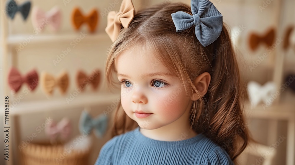 Poster Adorable toddler girl with blue dress and hair bows, looking thoughtfully.