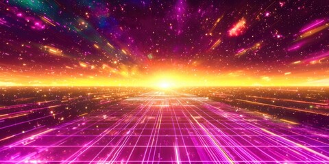 Bright orange and purple sky with a sun in the middle