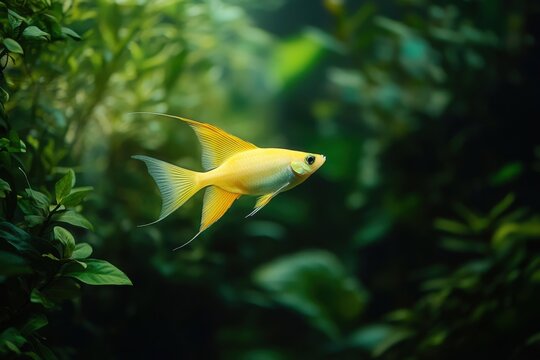 Female swordtail fish in softly lit plantfilled aquarium scene