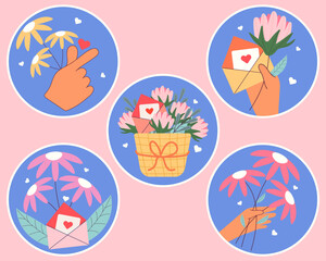 Happy Valentine`s day stickers with flowers and envelope. Vector illustrations in modern style.