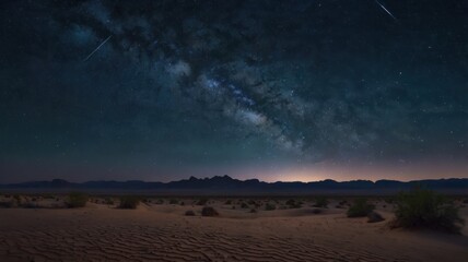 A Breathtaking Night in the Desert: Witnessing the Milky Way's Splendor Over a Serene Landscape and Sand Dunes Bathed