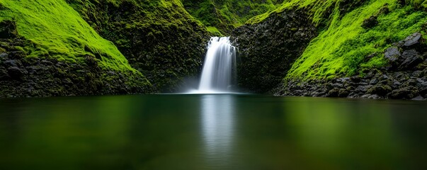 Hidden waterfall serenity concept. Serene waterfall cascading into a tranquil pool surrounded by lush greenery.