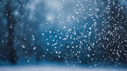 Snowflakes gently falling in a tranquil winter landscape at dusk