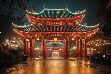 Stunning Nighttime View of Traditional Chinese Pagoda with Colorful Lights and a Rainy Atmosphere in an Urban Setting