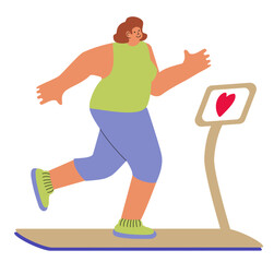 Cartoon style illustration of a woman running on a treadmill. Promotion of an active lifestyle, training, body positivity. Sports, jogging, cross-country, marathon. Flat style. Vector illustration.
